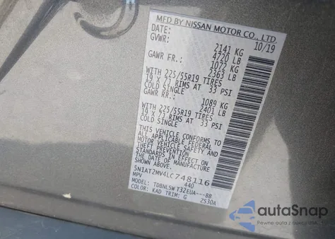 2020 Nissan Rogue Sl Intelligent Awd z USA, uszkodzony, nr VIN 5N1AT2MV4LC748116